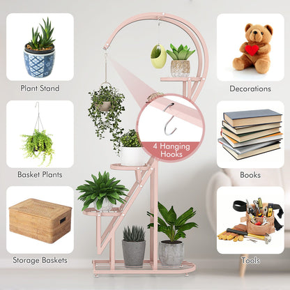 5-Tier Metal Heart-Shaped Plant Stand with Hanging Hooks