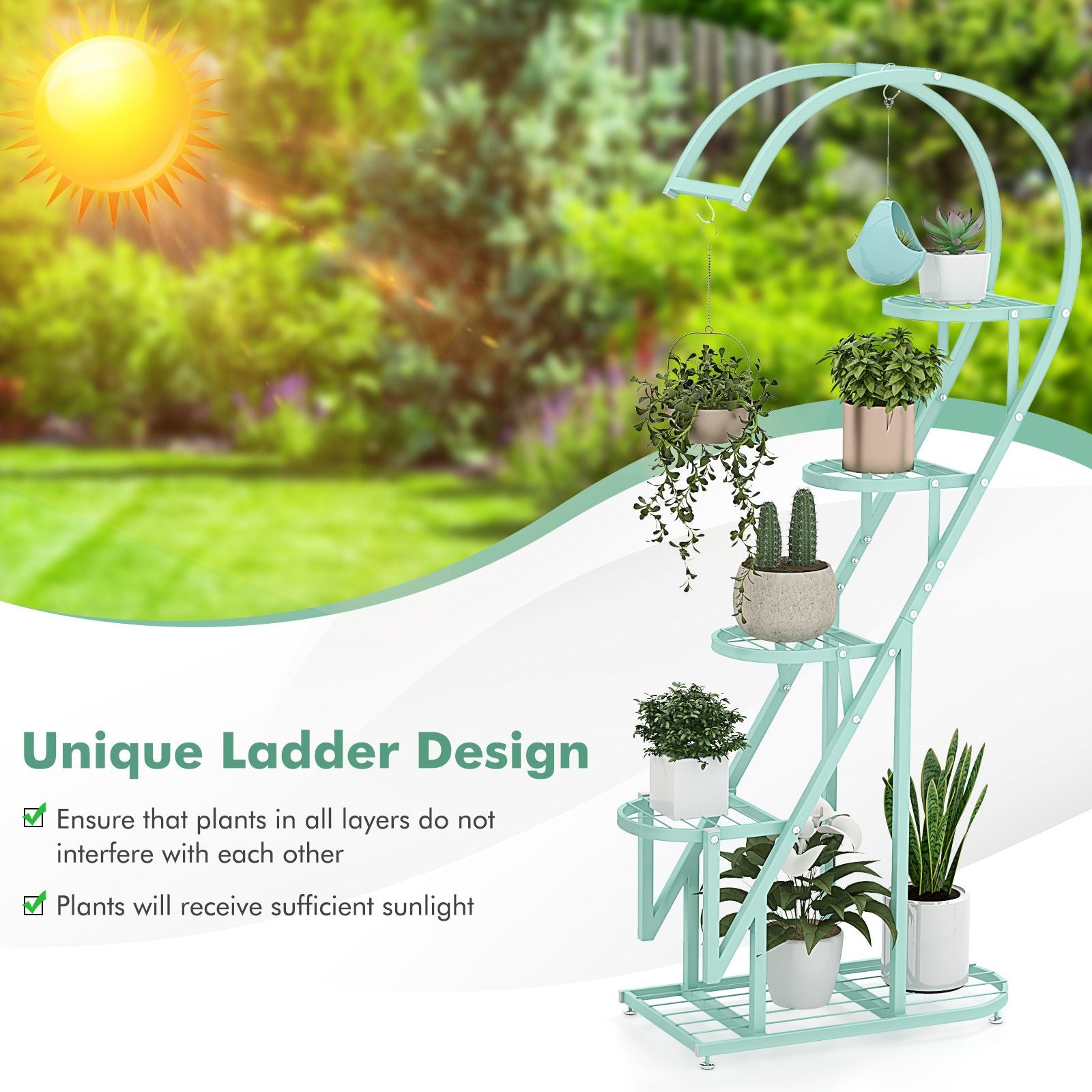 5-Tier Metal Heart-Shaped Plant Stand with Hanging Hooks
