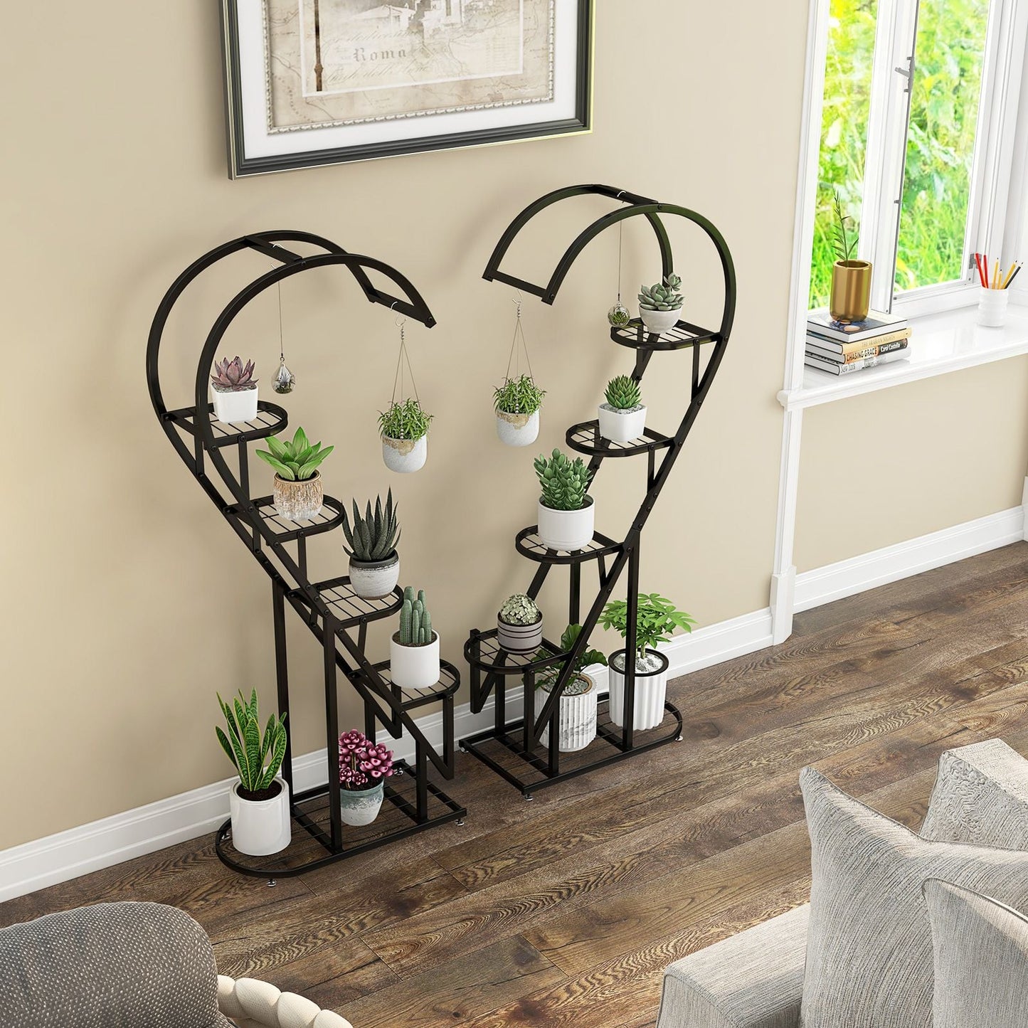 5-Tier Metal Heart-Shaped Plant Stand with Hanging Hooks
