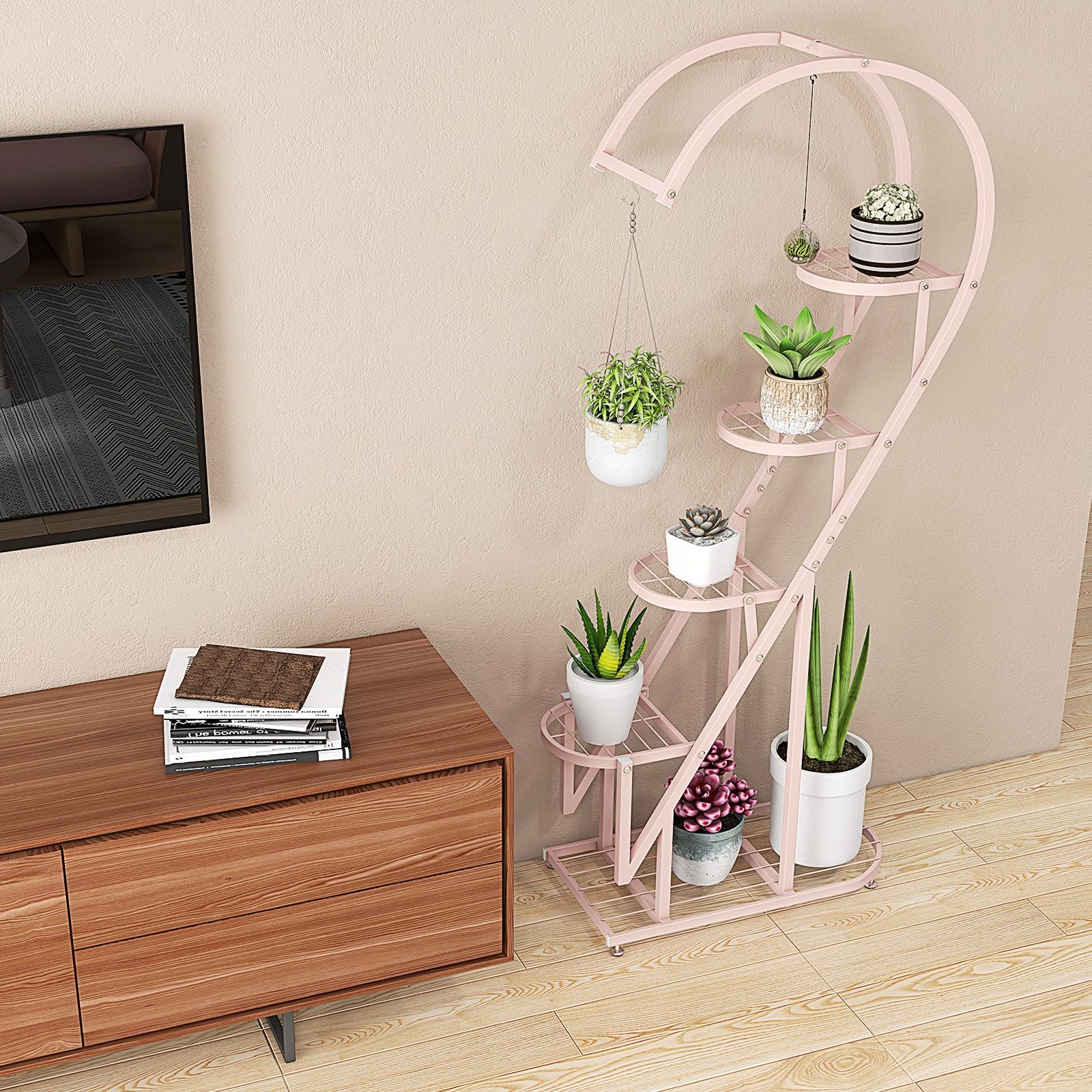 5-Tier Metal Heart-Shaped Plant Stand with Hanging Hooks