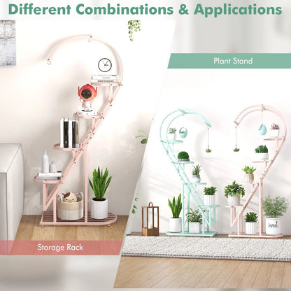 5-Tier Metal Heart-Shaped Plant Stand with Hanging Hooks