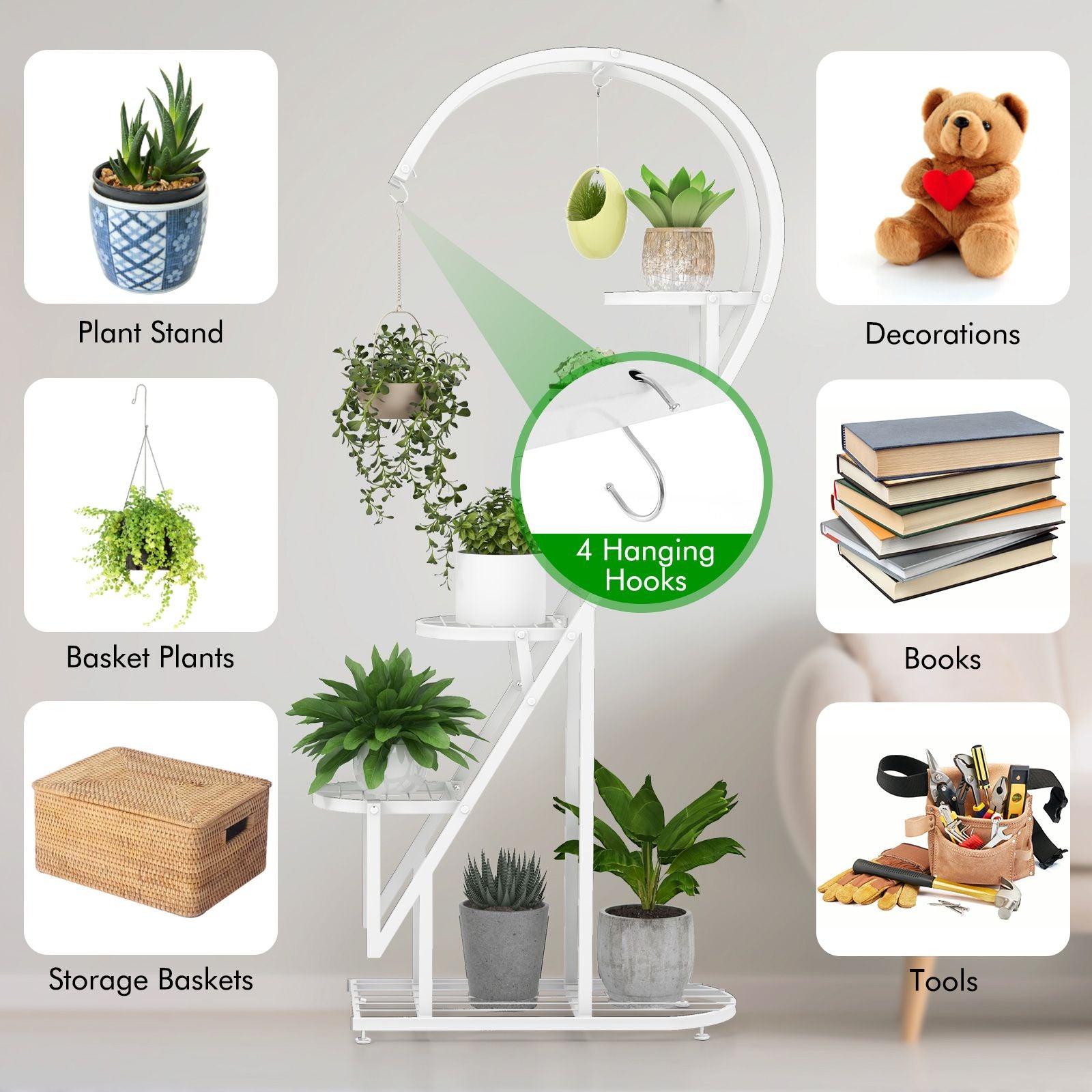 5-Tier Metal Heart-Shaped Plant Stand with Hanging Hooks