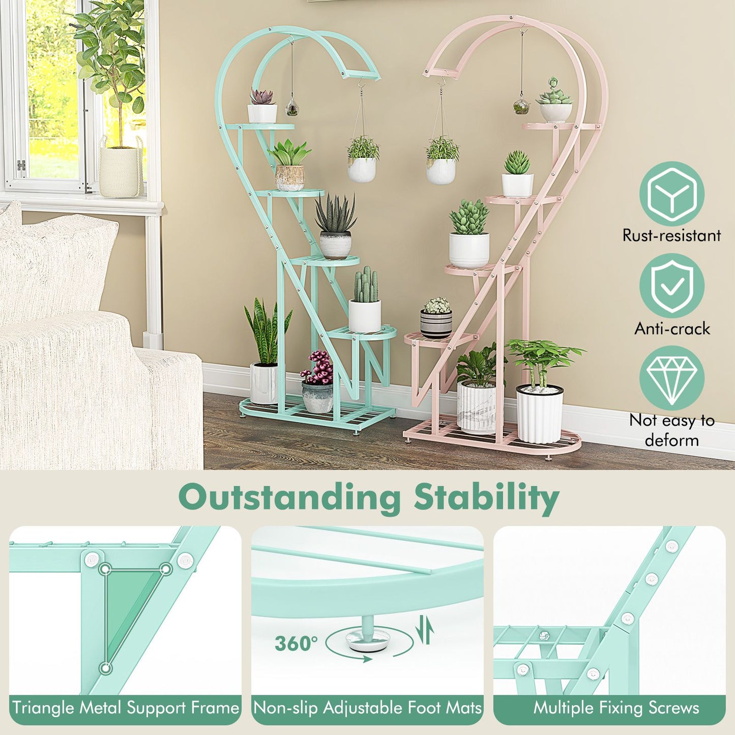 5-Tier Metal Heart-Shaped Plant Stand with Hanging Hooks