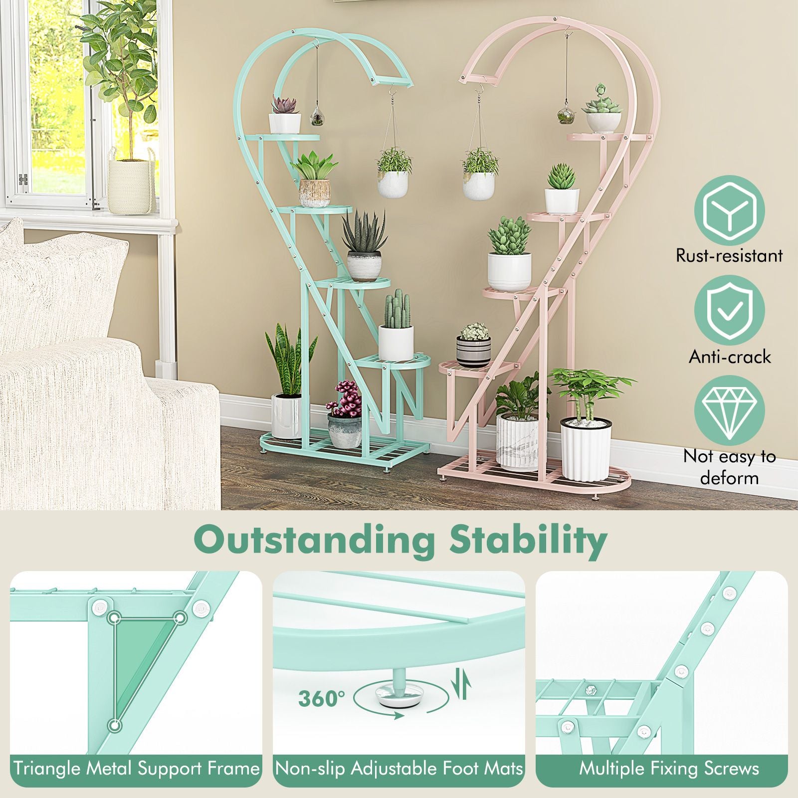 5-Tier Metal Heart-Shaped Plant Stand with Hanging Hooks