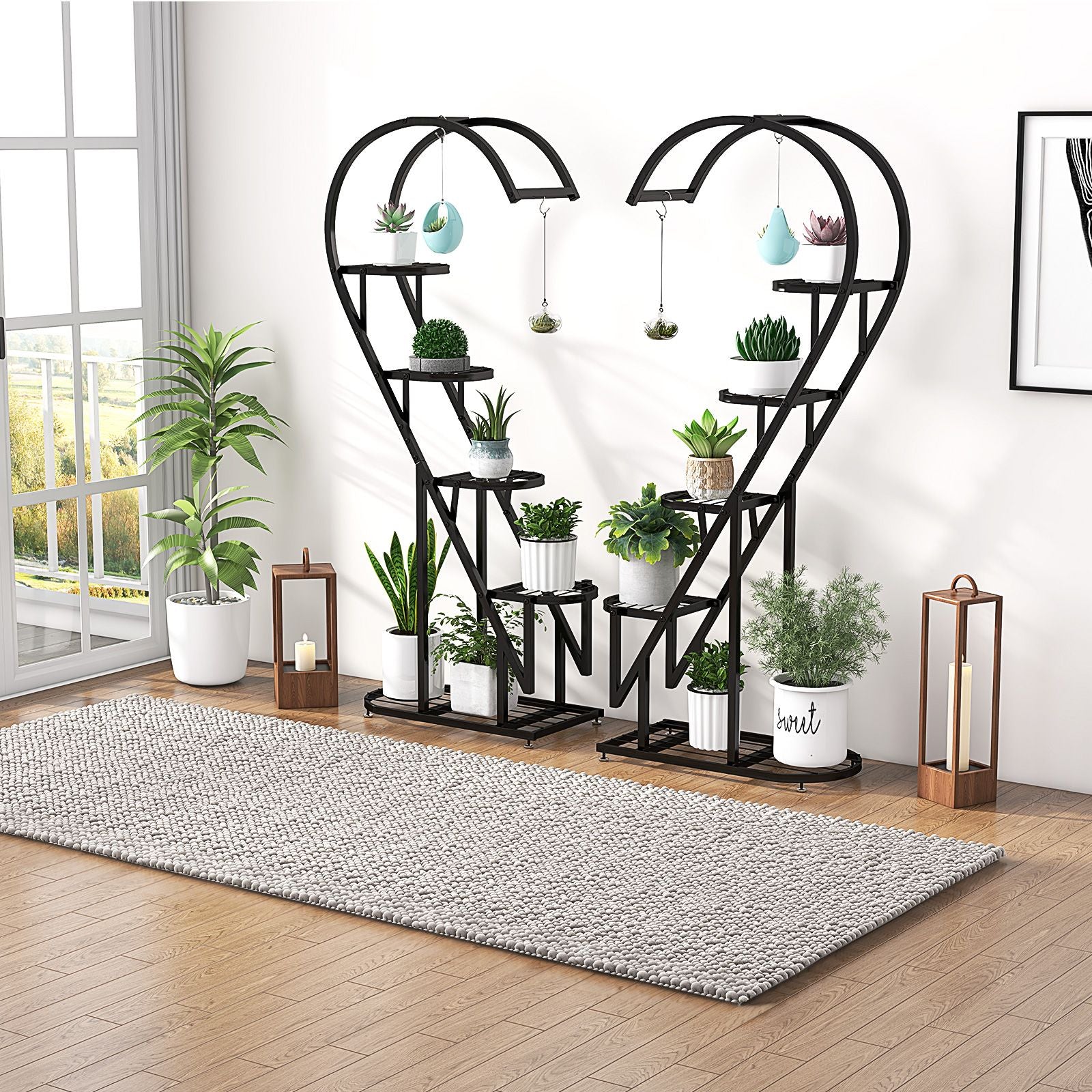 5-Tier Metal Heart-Shaped Plant Stand with Hanging Hooks