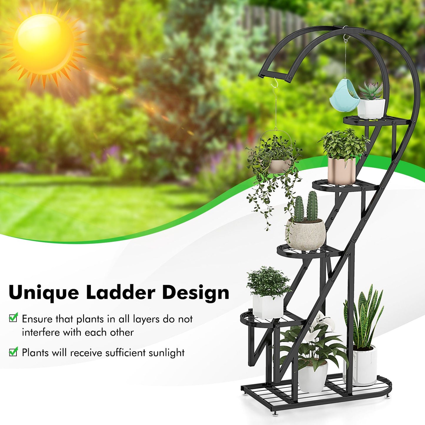 5-Tier Metal Heart-Shaped Plant Stand with Hanging Hooks