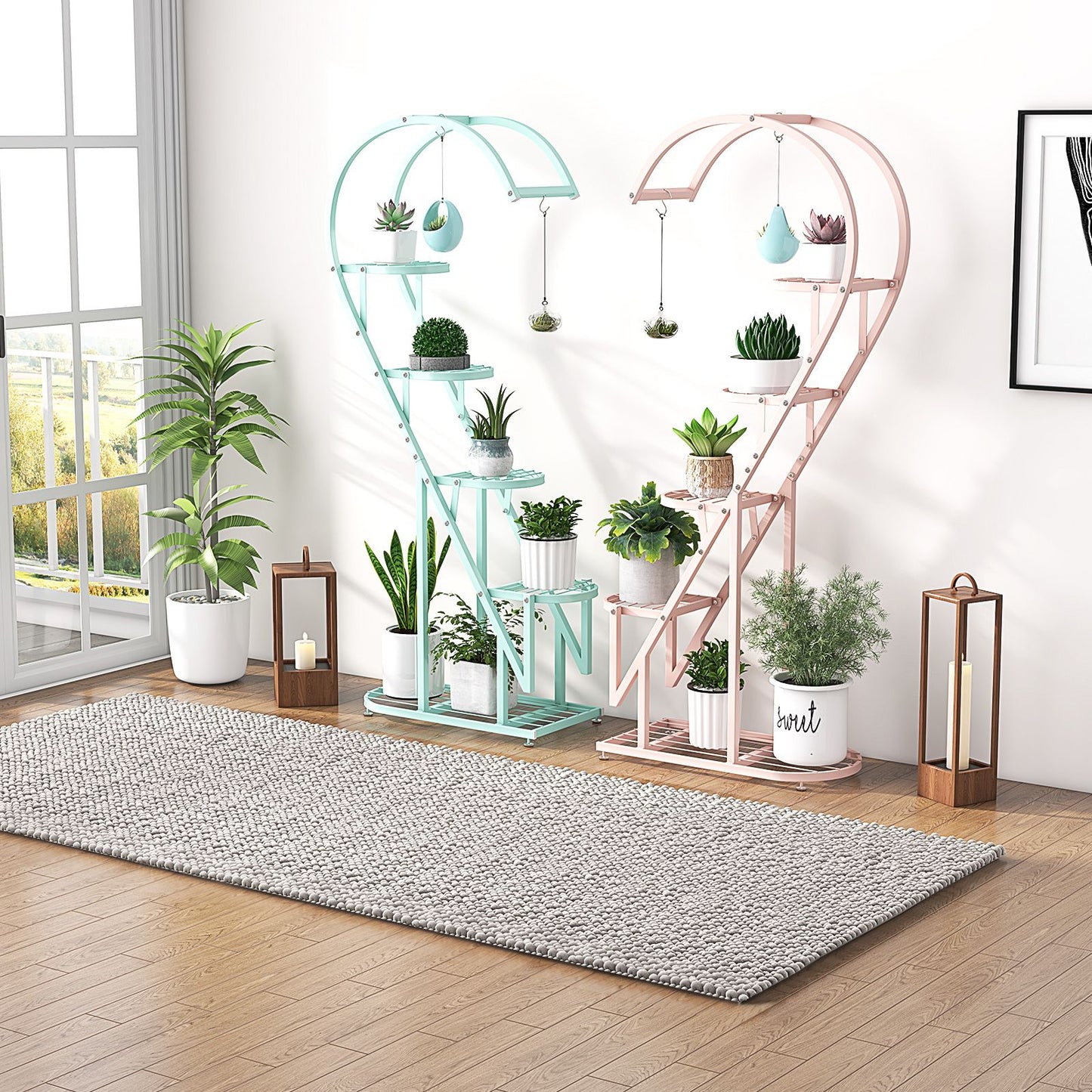 5-Tier Metal Heart-Shaped Plant Stand with Hanging Hooks