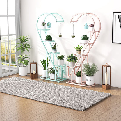 5-Tier Metal Heart-Shaped Plant Stand with Hanging Hooks