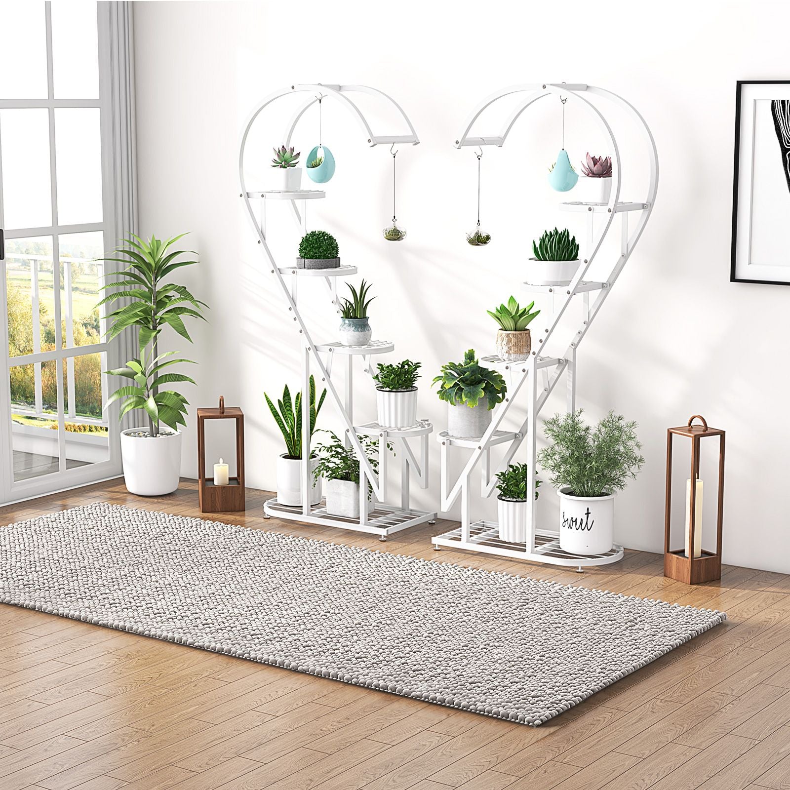 5-Tier Metal Heart-Shaped Plant Stand with Hanging Hooks