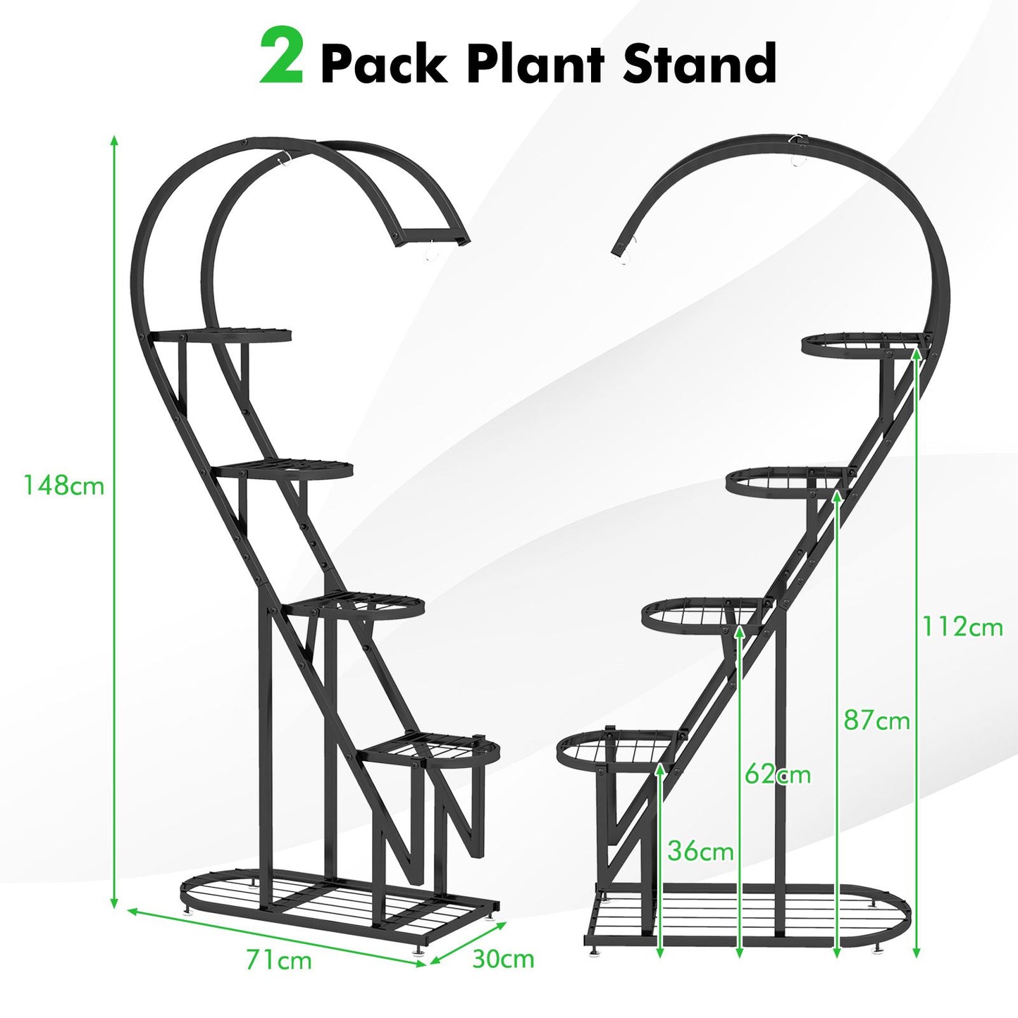 5-Tier Metal Heart-Shaped Plant Stand with Hanging Hooks