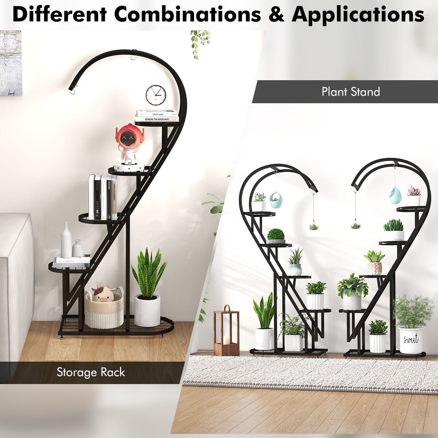 5-Tier Metal Heart-Shaped Plant Stand with Hanging Hooks