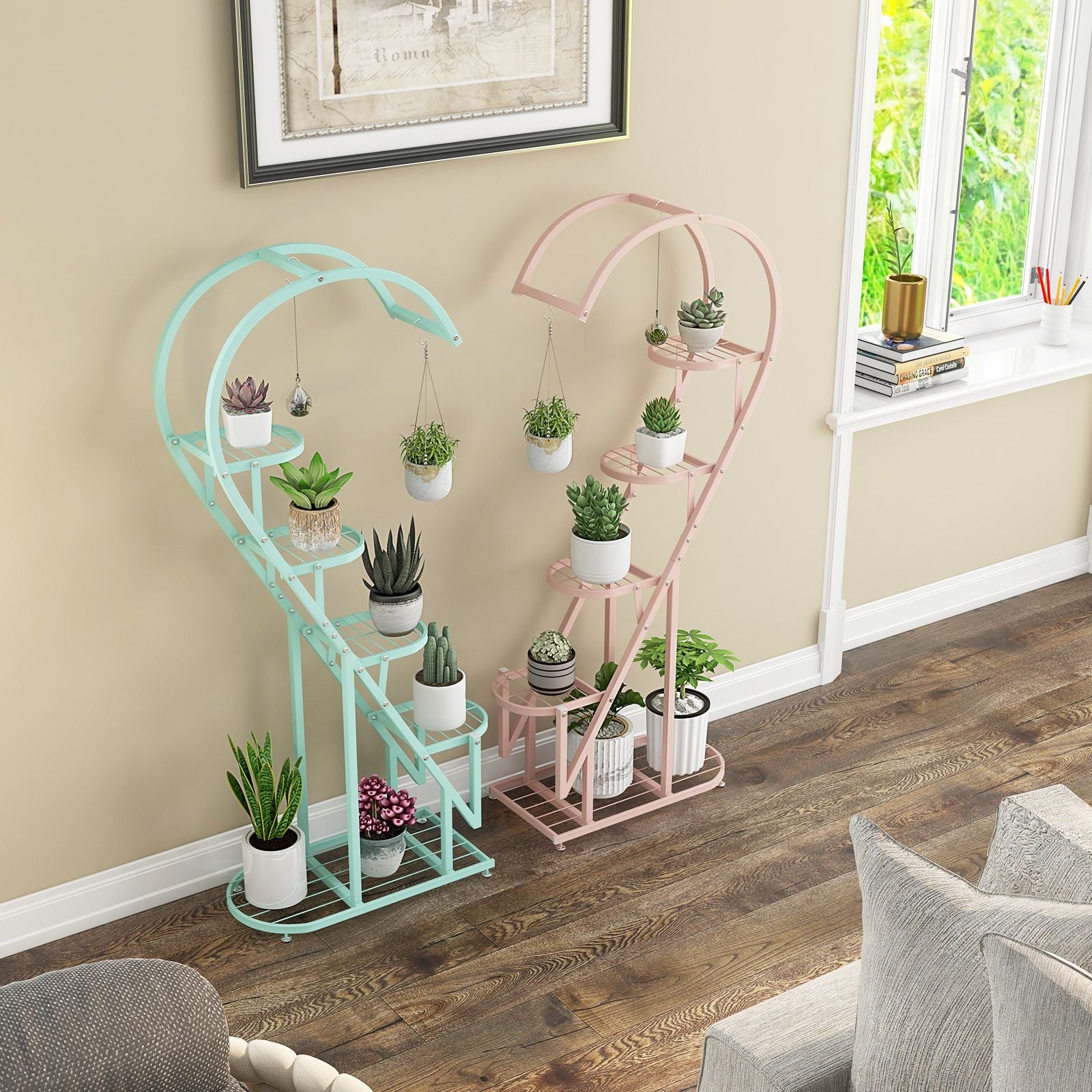 5-Tier Metal Heart-Shaped Plant Stand with Hanging Hooks