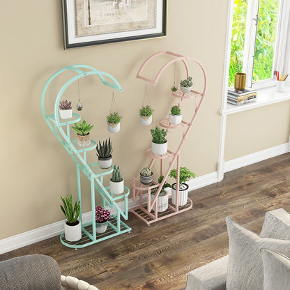 5-Tier Metal Heart-Shaped Plant Stand with Hanging Hooks