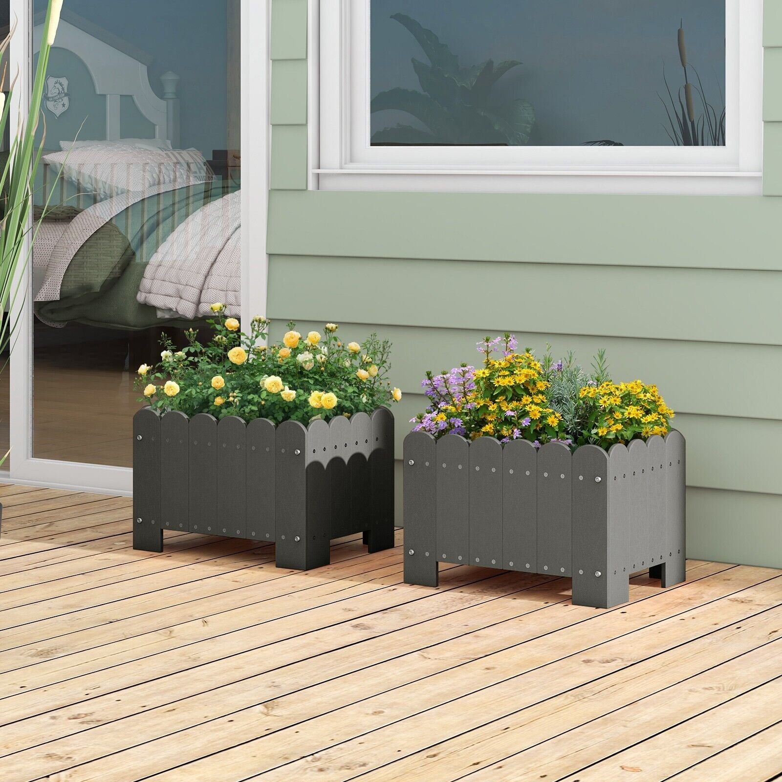 COSTWAY 2 Pack Planter Box Raised Garden Bed HDPE Flower Pot W/Drainage