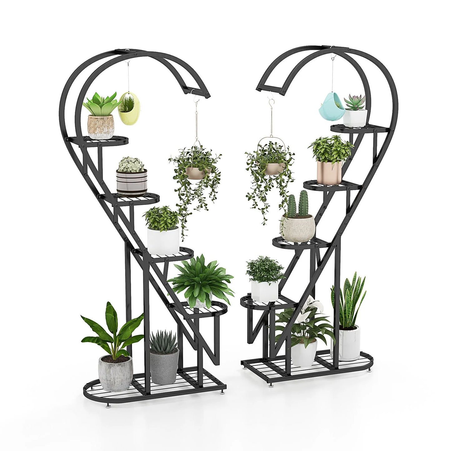 5-Tier Metal Heart-Shaped Plant Stand with Hanging Hooks