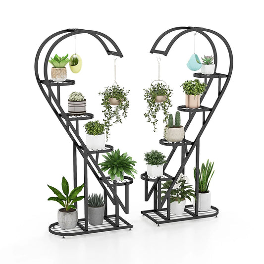 5-Tier Metal Heart-Shaped Plant Stand with Hanging Hooks
