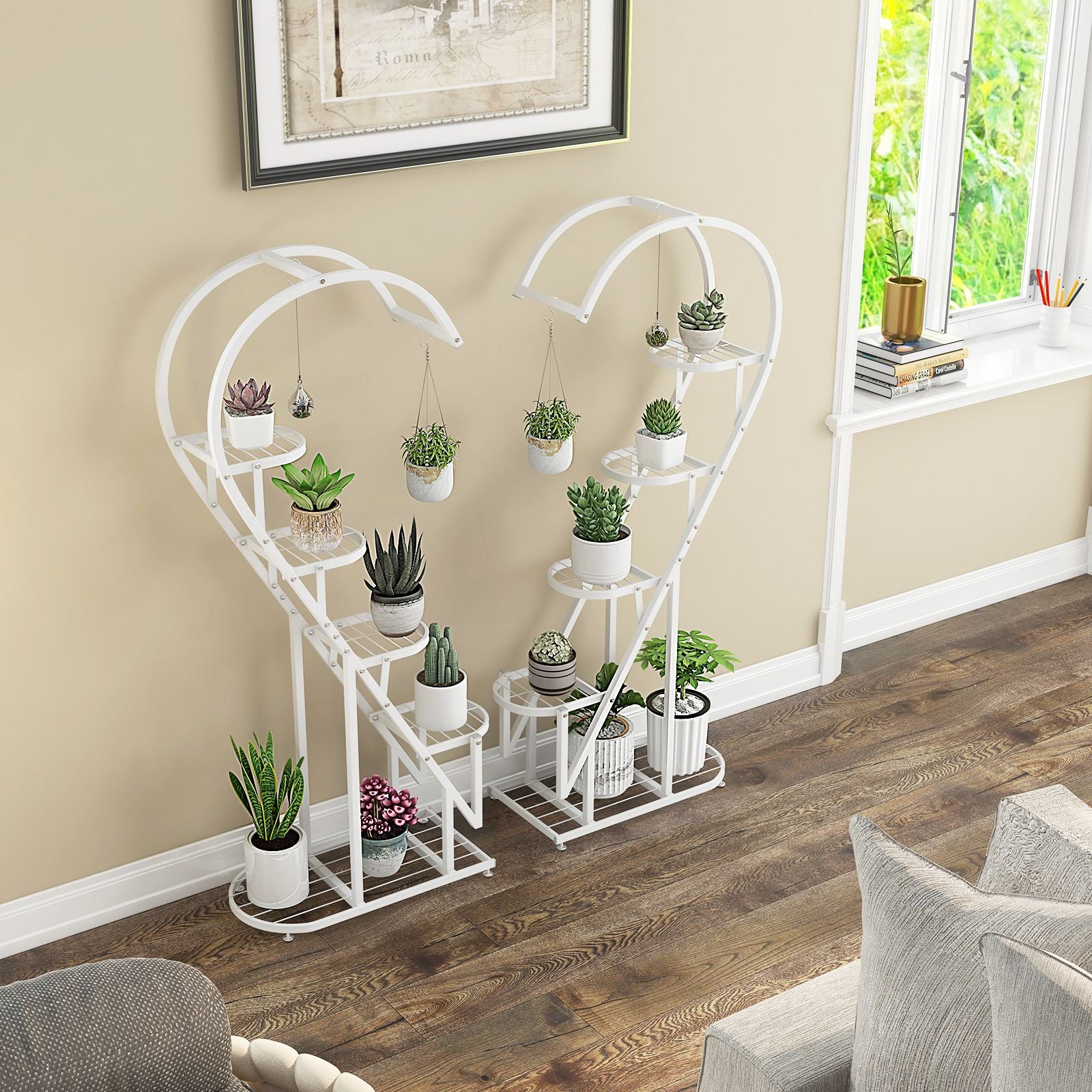 5-Tier Metal Heart-Shaped Plant Stand with Hanging Hooks