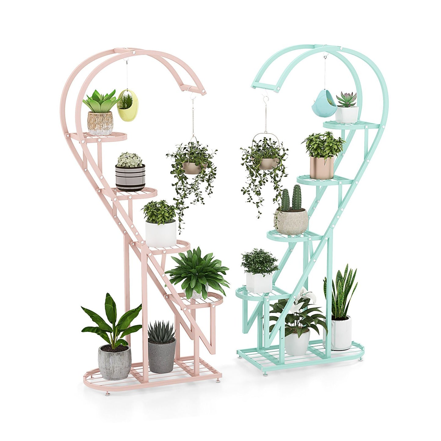 5-Tier Metal Heart-Shaped Plant Stand with Hanging Hooks
