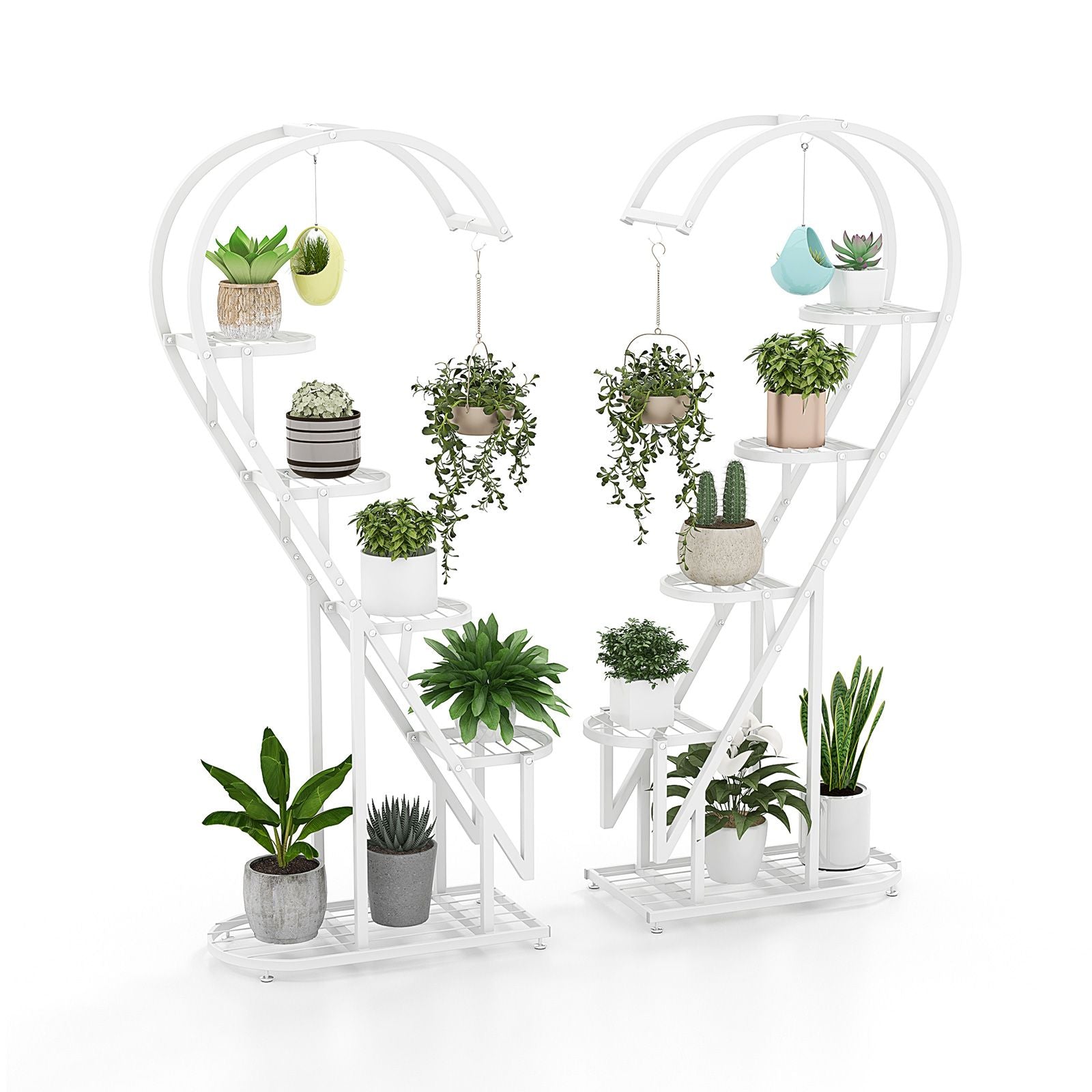 5-Tier Metal Heart-Shaped Plant Stand with Hanging Hooks