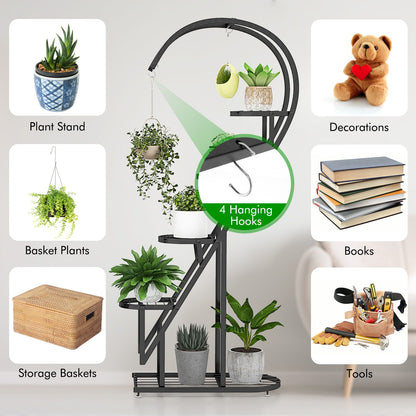 5-Tier Metal Heart-Shaped Plant Stand with Hanging Hooks