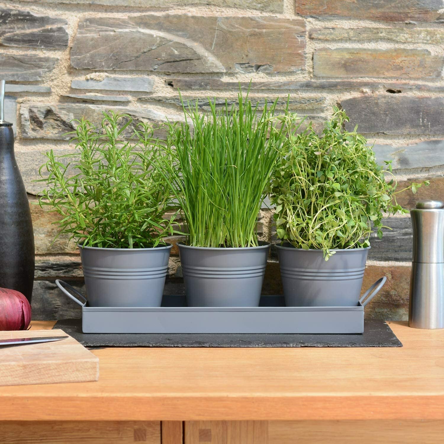 Indoor Herb Planters Tray Kitchen Windowsill Plant Pot with Handle Charcoal Set