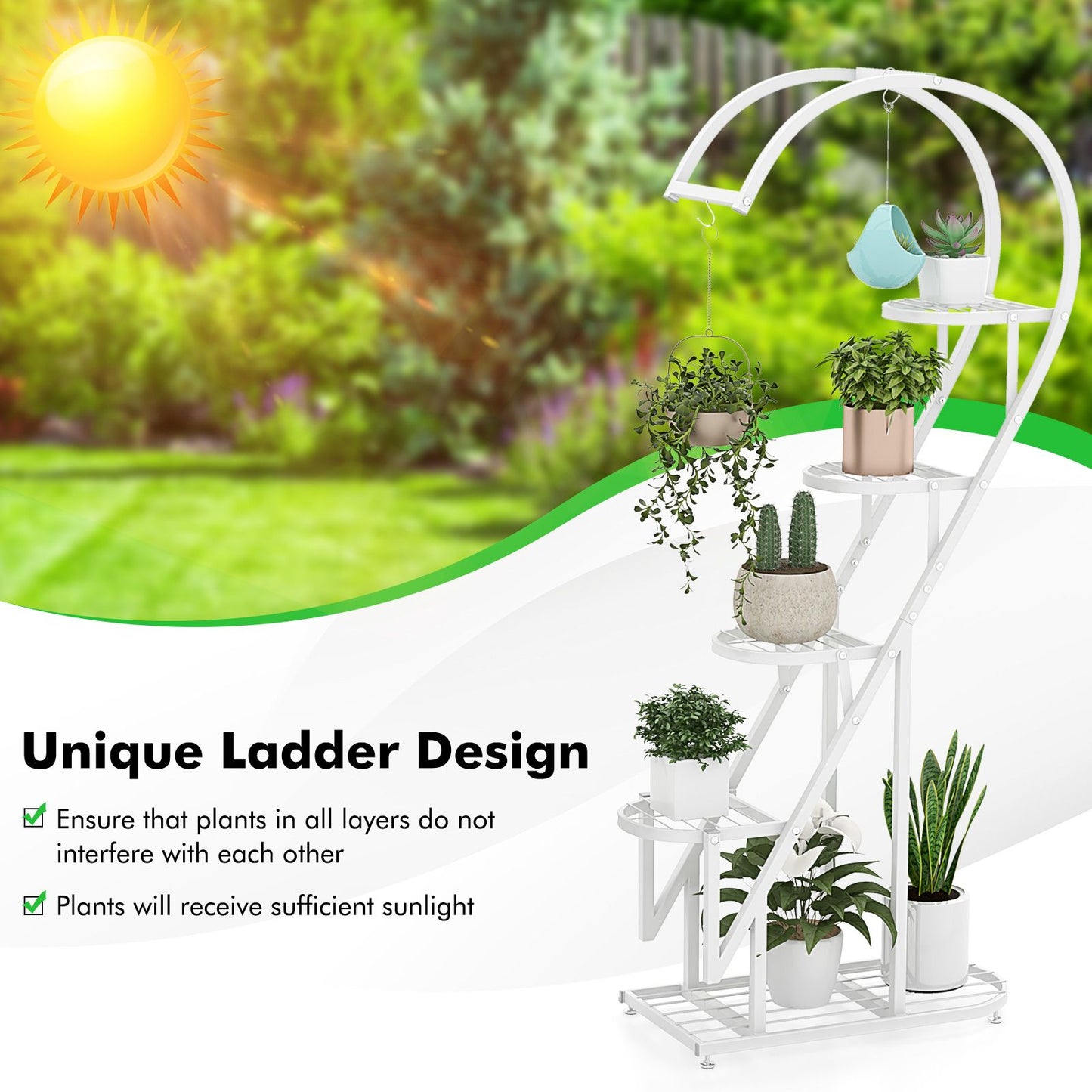 5-Tier Metal Heart-Shaped Plant Stand with Hanging Hooks