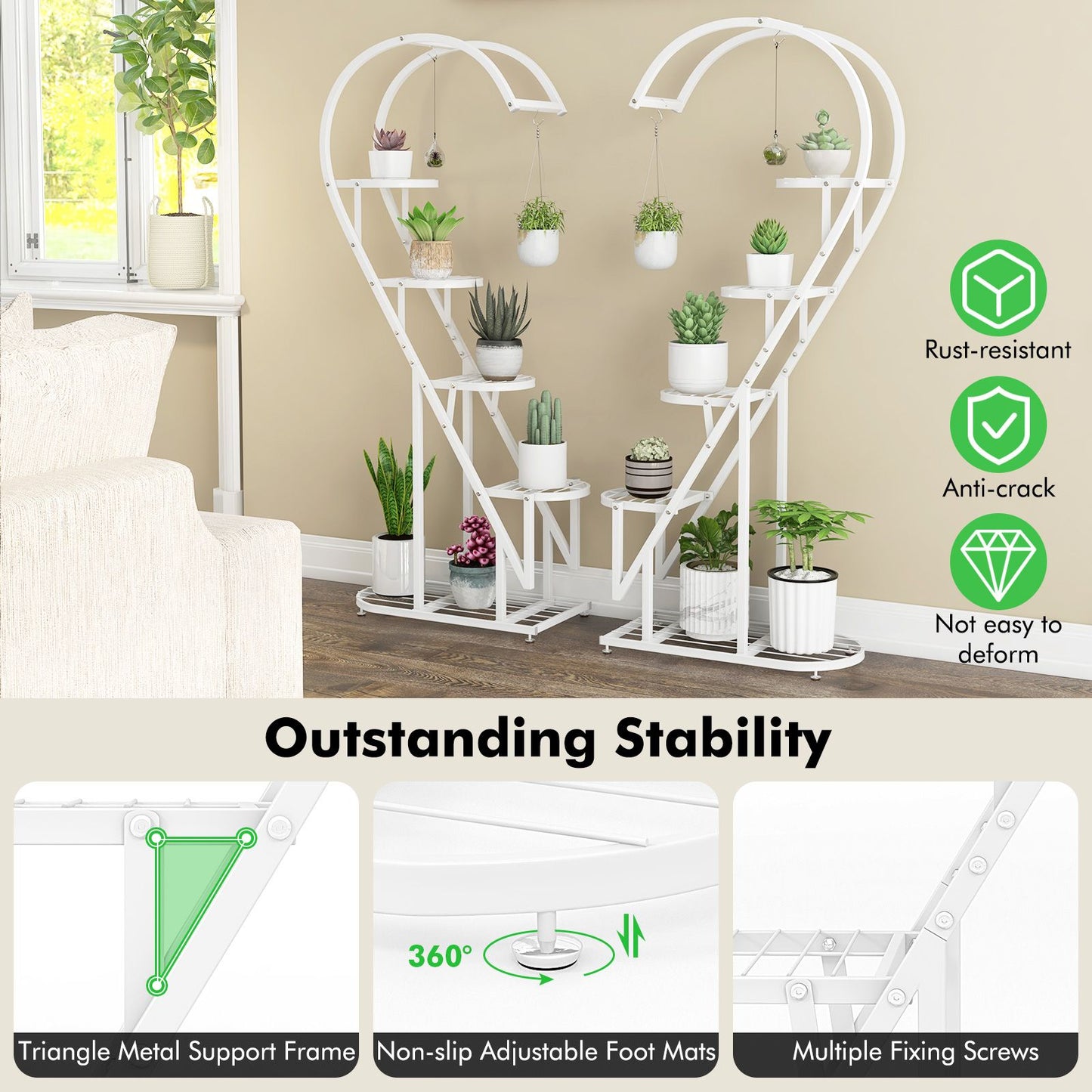 5-Tier Metal Heart-Shaped Plant Stand with Hanging Hooks