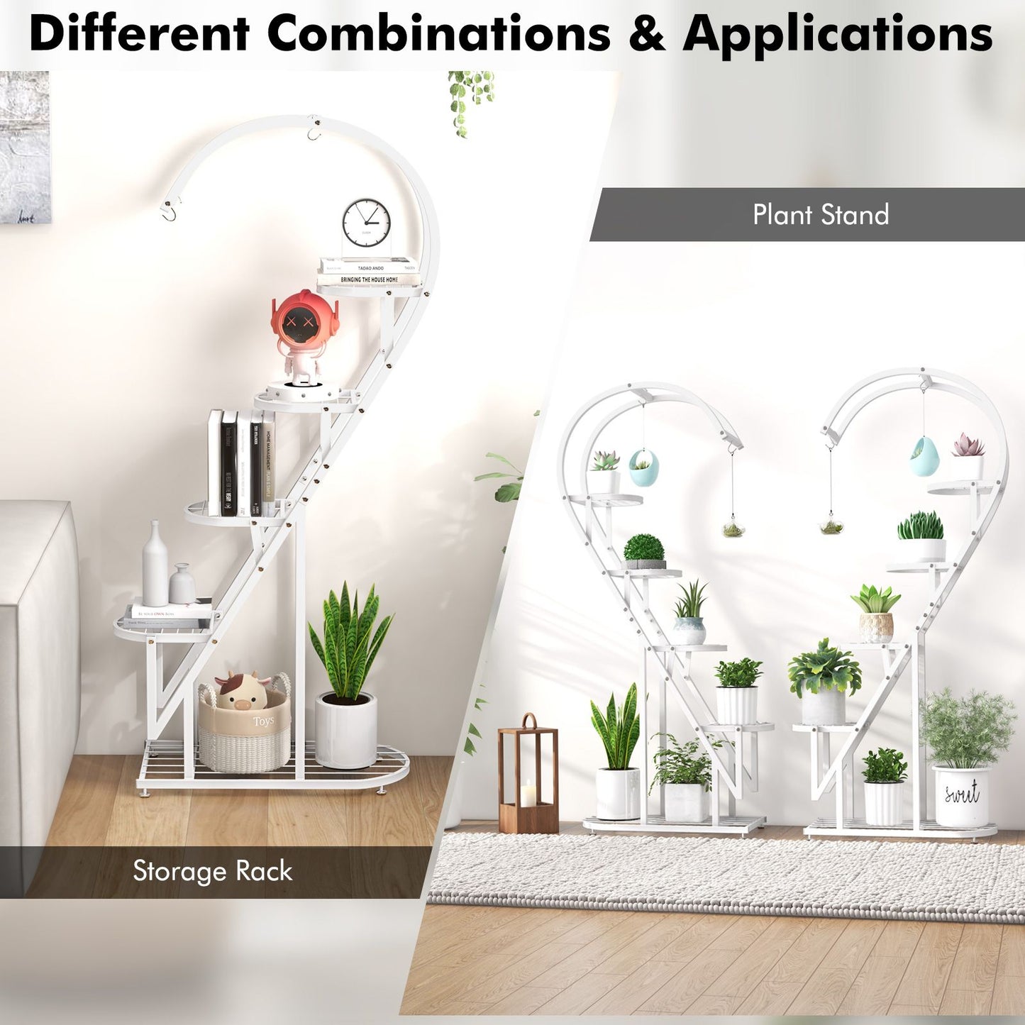 5-Tier Metal Heart-Shaped Plant Stand with Hanging Hooks