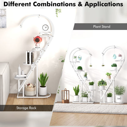 5-Tier Metal Heart-Shaped Plant Stand with Hanging Hooks