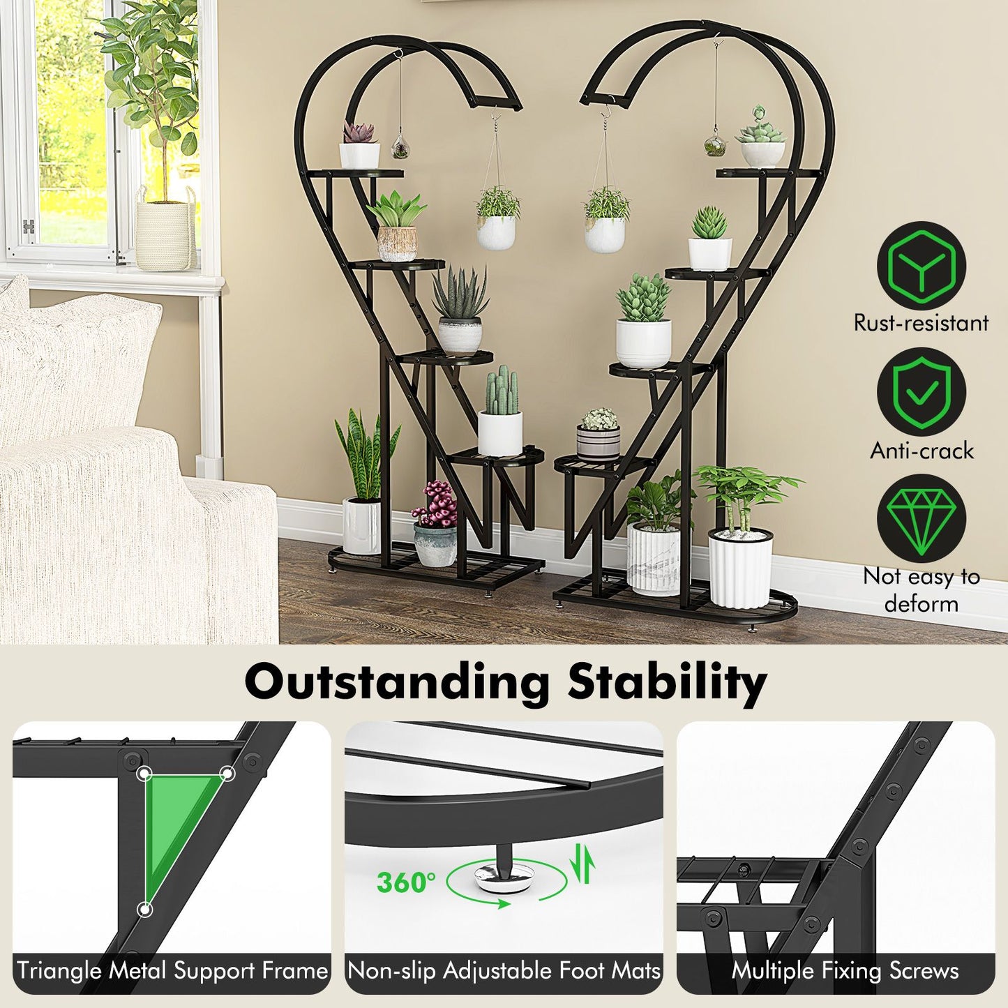 5-Tier Metal Heart-Shaped Plant Stand with Hanging Hooks