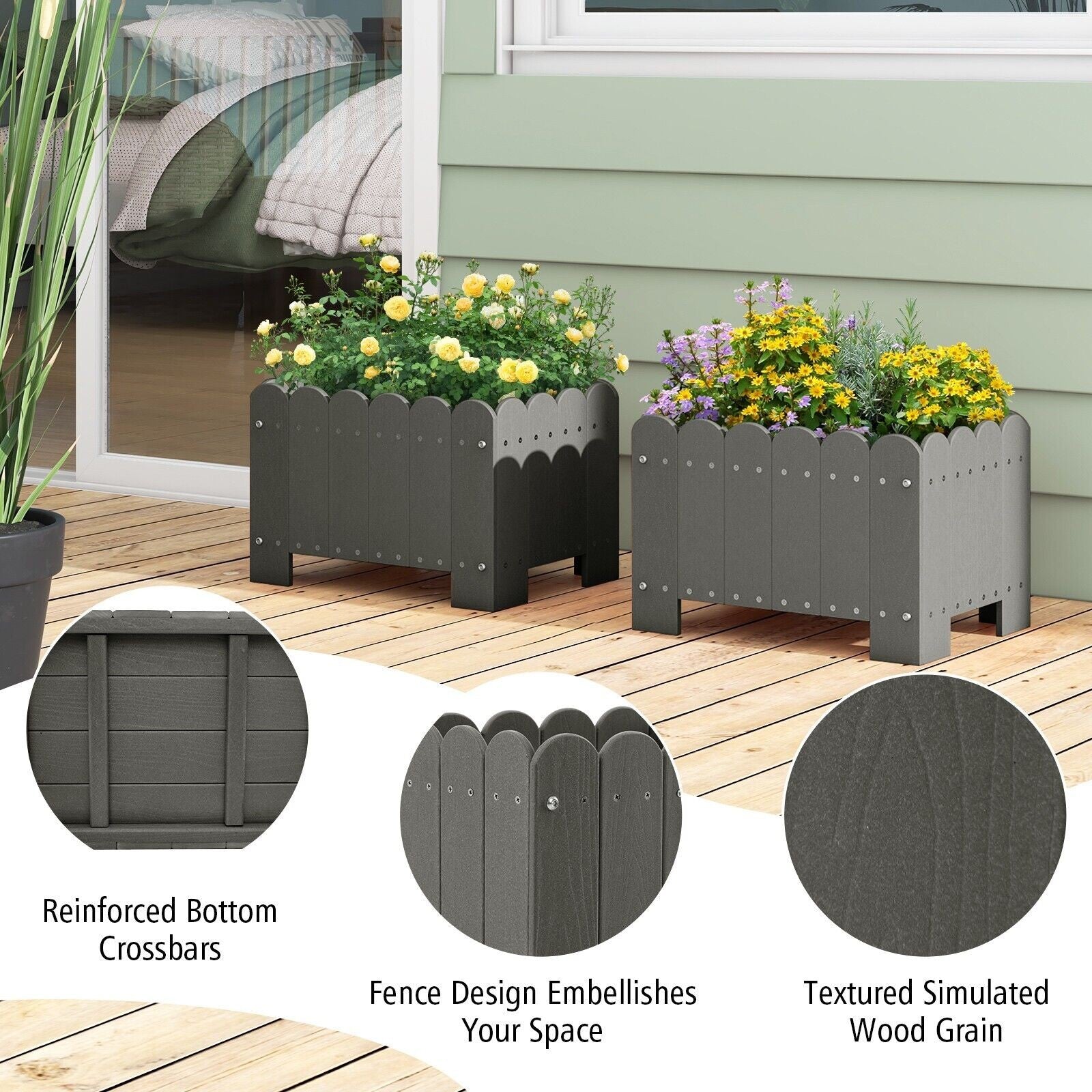COSTWAY 2 Pack Planter Box Raised Garden Bed HDPE Flower Pot W/Drainage